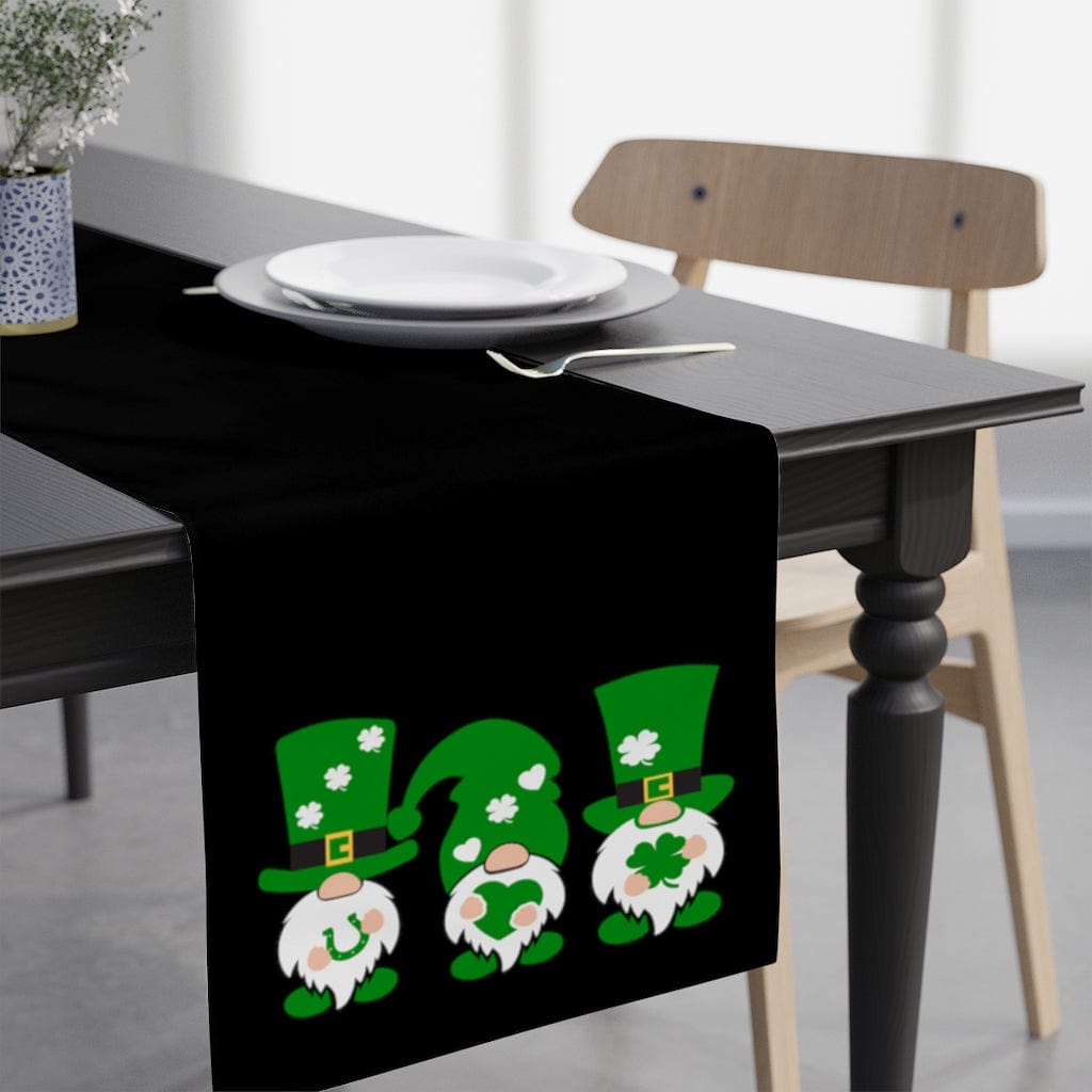 st patricks day table runner with st patricks day gnomes on a black background