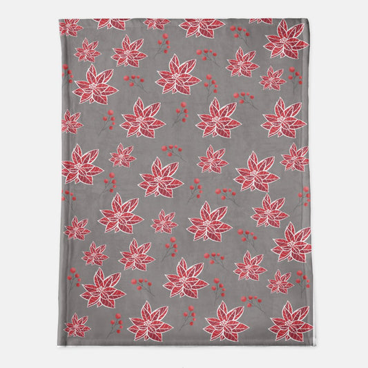Grey and red poinsettia christmas minky blanket