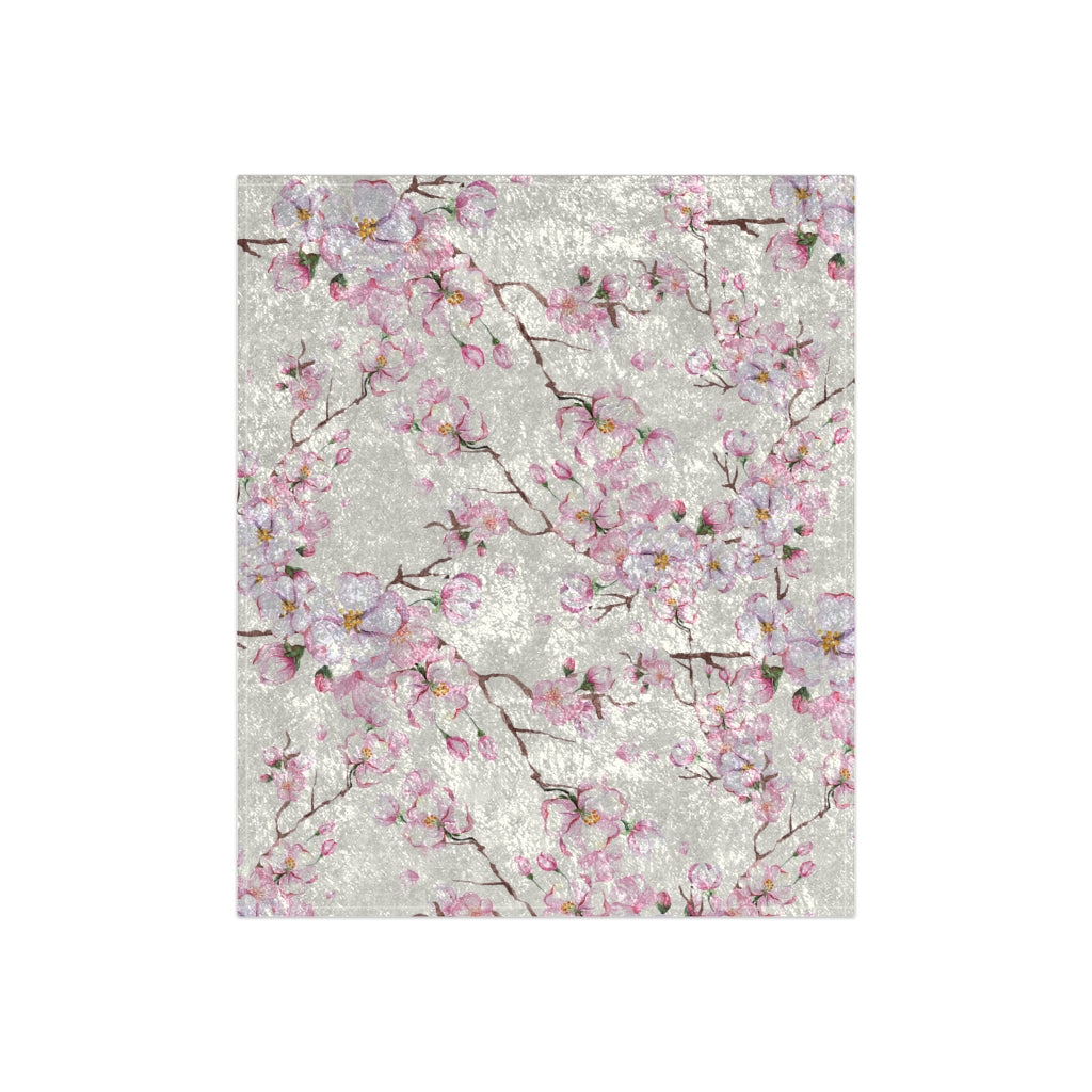 cherry blossom blanket with white and pink cherry blossom flower pattern on white crushed velvet material