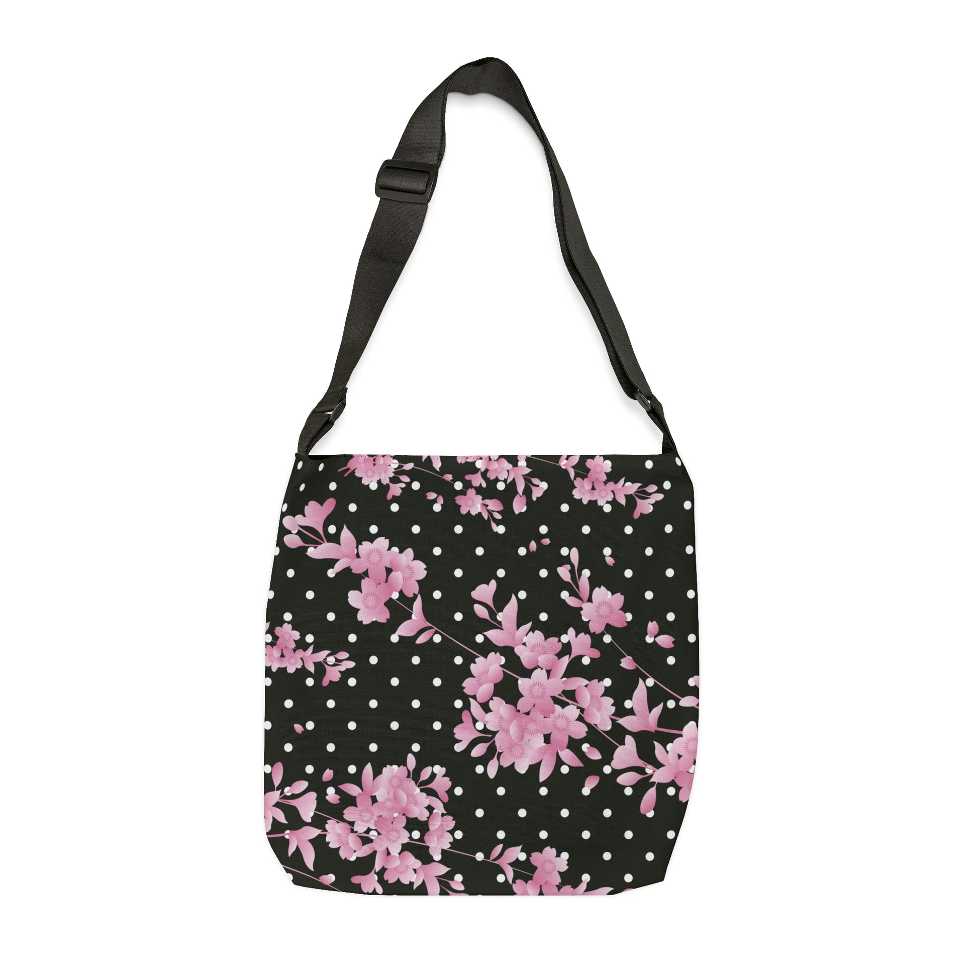 black women's crossbody tote bag with pink polkadots and pink flower print