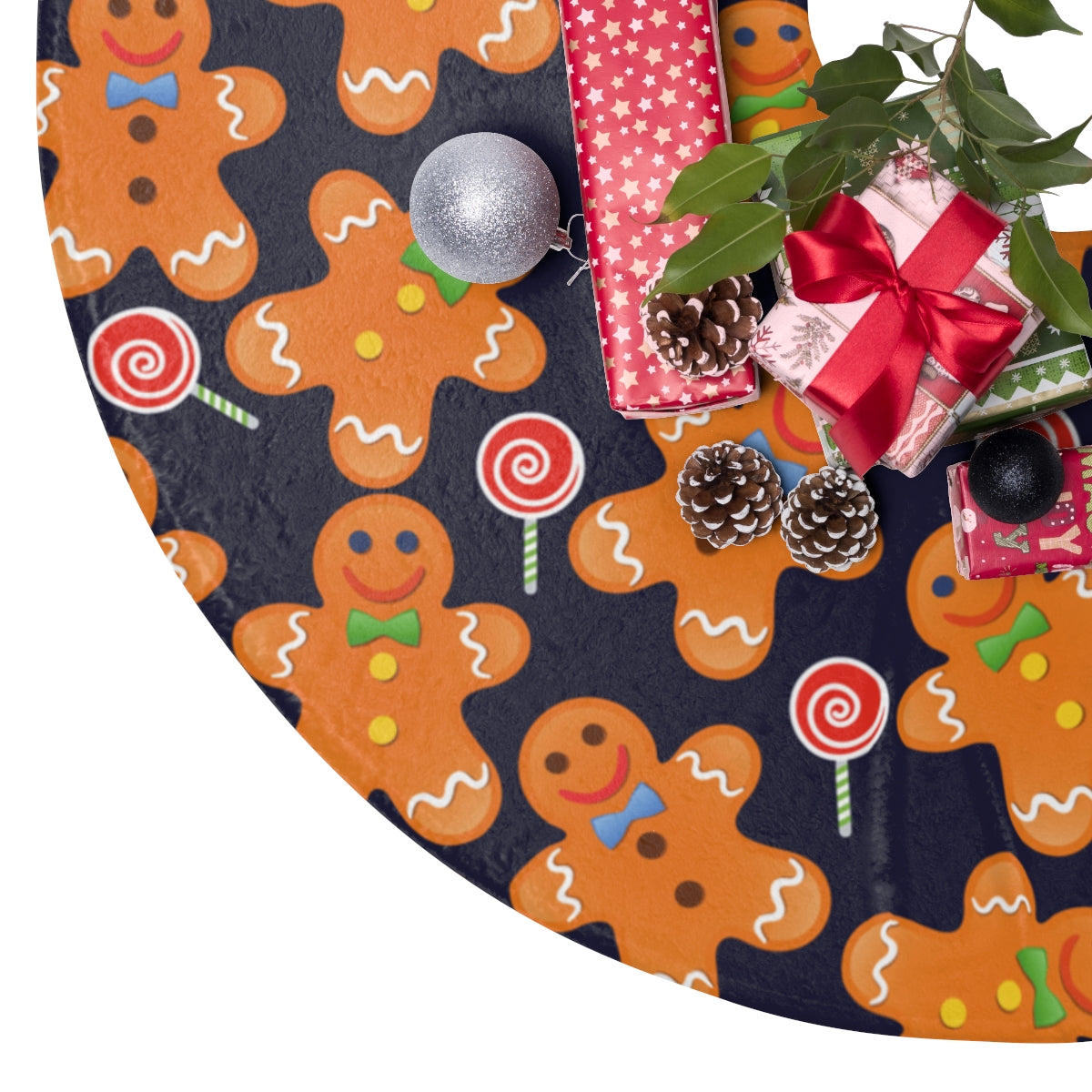 navy blue christmas tree skirt with brown gingerbread man pattern
