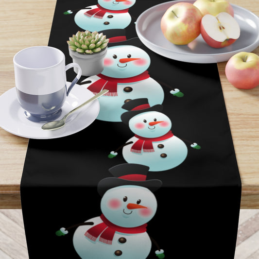 black table runner with stacked snowman for christmas or winter