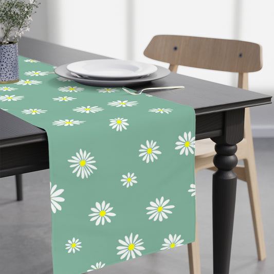 blue table runner with white daisy print
