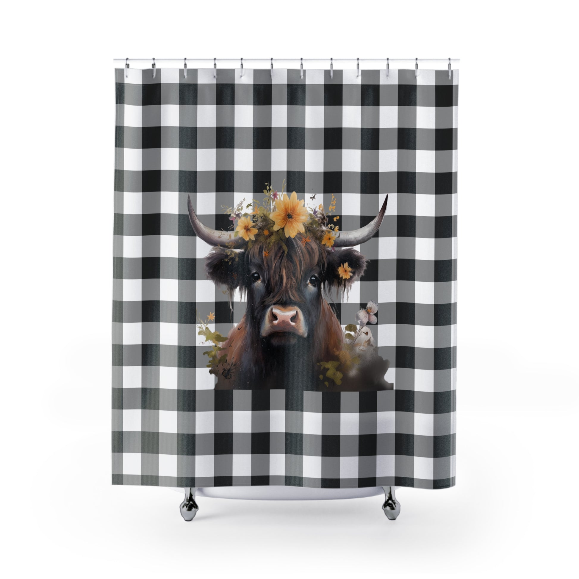 buffalo plaid with highland cow print shower curtain