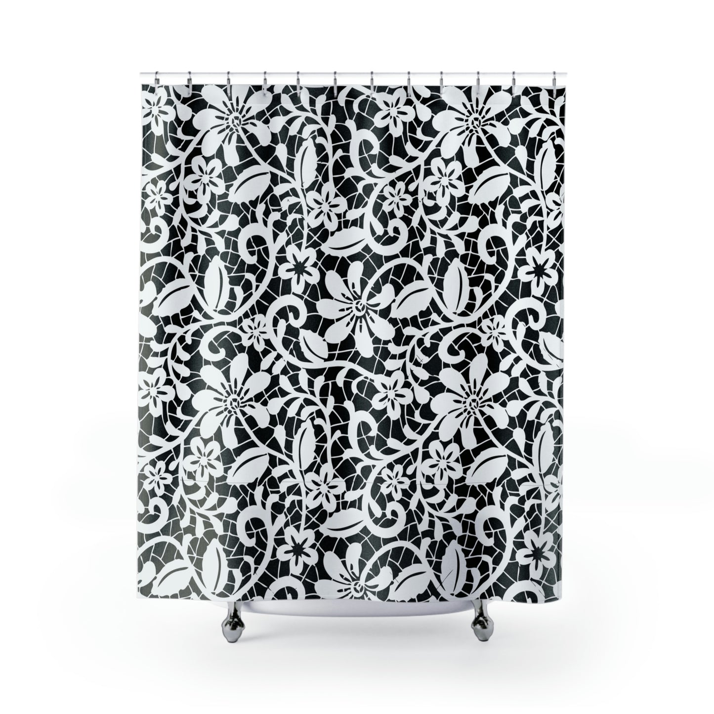 black shower curtain with white flower pattern