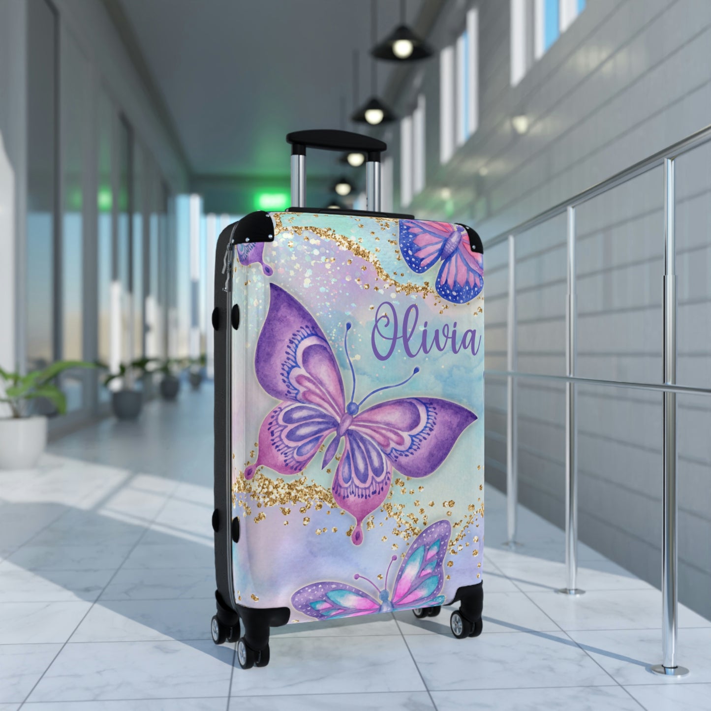 Butterfly Suitcase, Girl's Luggage, Purple Suitcase, Wheeled Suitcase