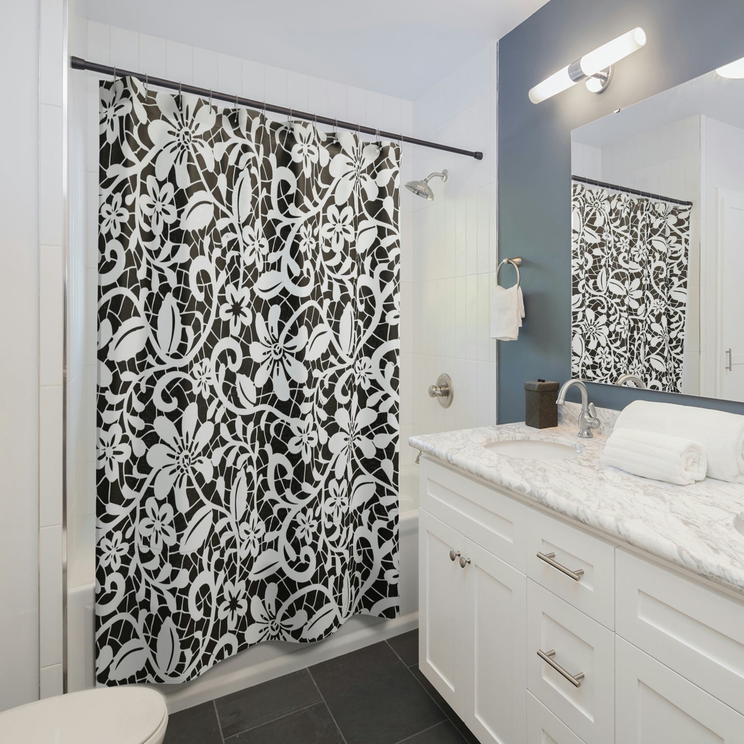 Floral Shower Curtain / Black Shower Curtain / Floral Bathroom Decor / White Floral Decor