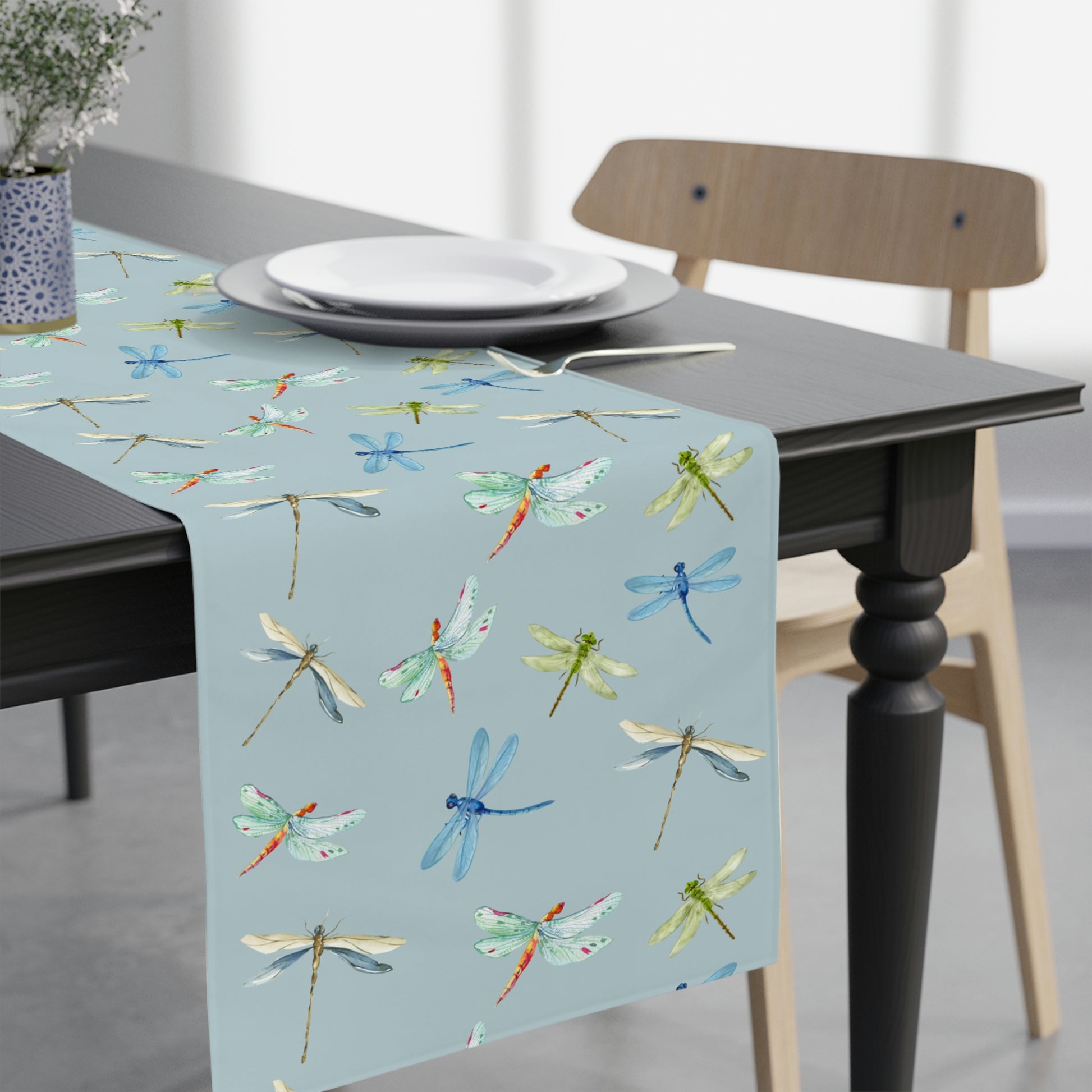 spring pastel blue table runner with dragonfly print