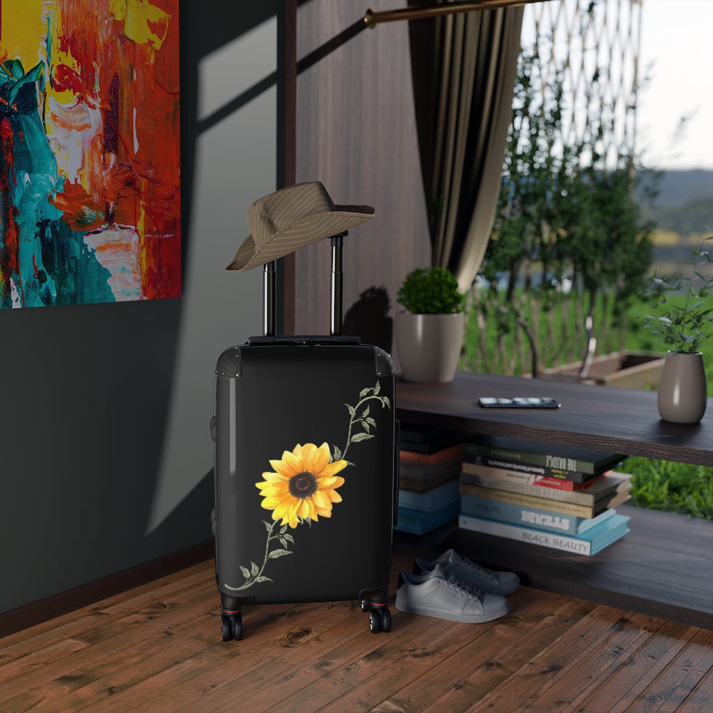 Sunflower Suitcase / Custom Black Floral Luggage