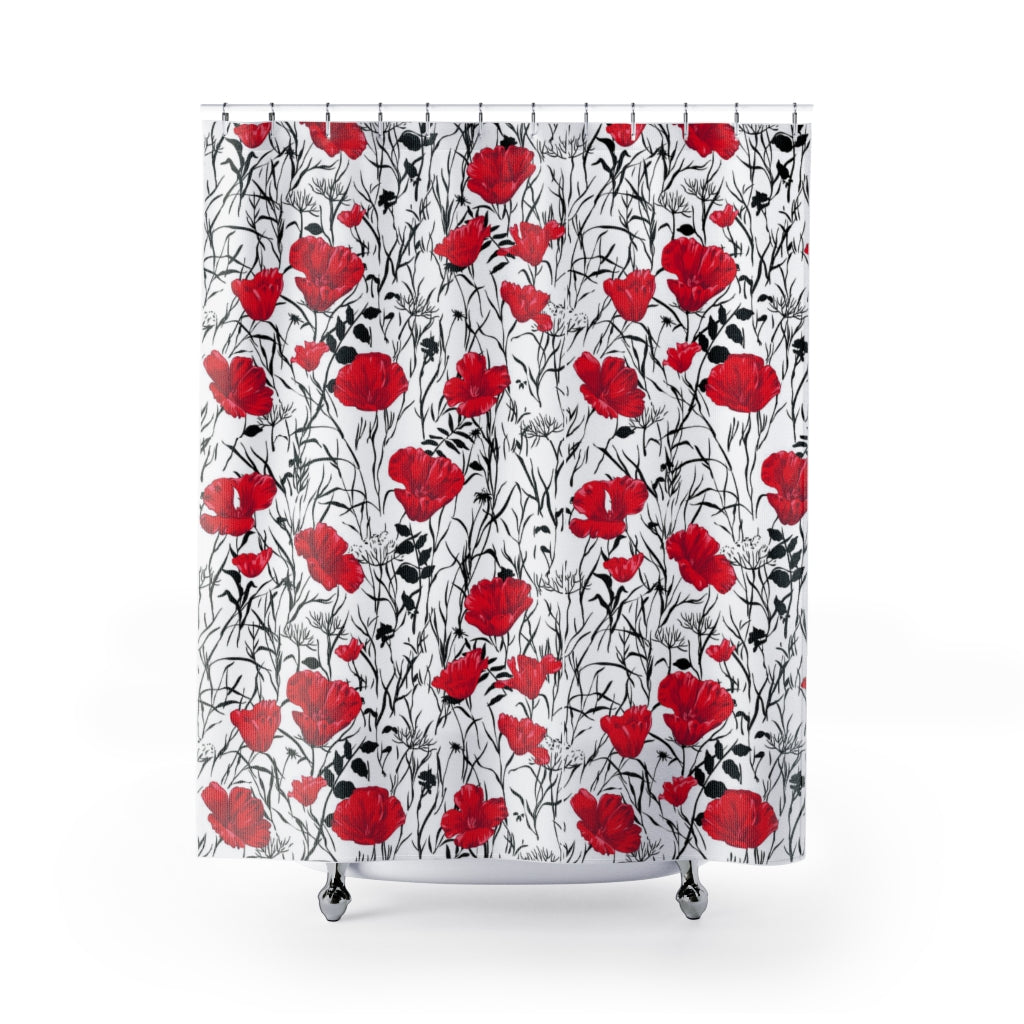 red poppy bathroom decor featuring a shower curtain with red and black poppy pattern