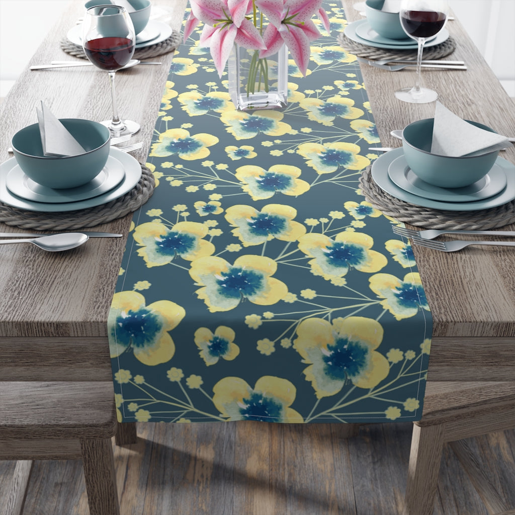 blue and yellow flower table runner