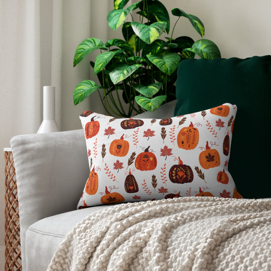 fall pillow with leaves and orange pumplin pattern for thanksgiving, fall or halloween