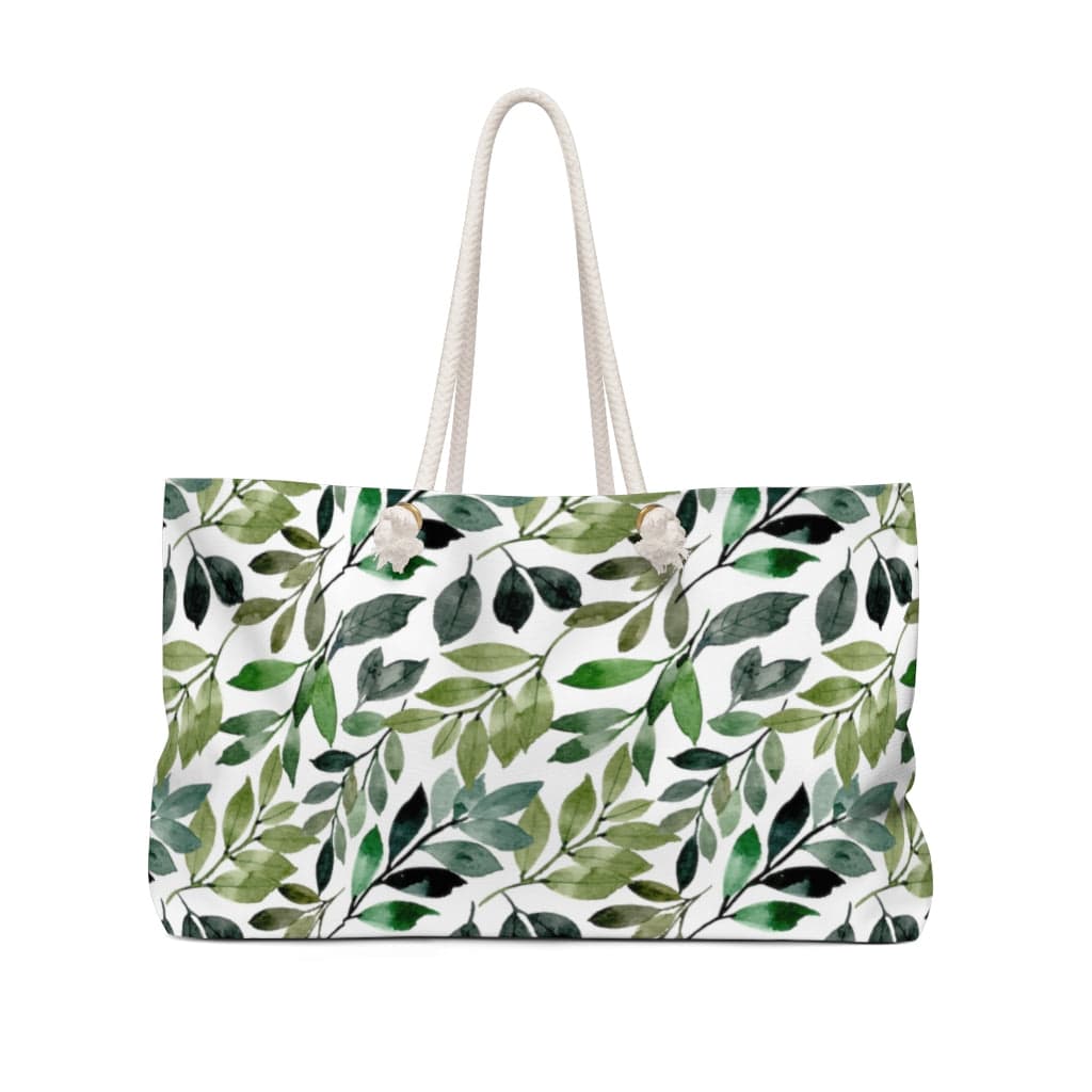 farmhouse leaves travel bag with blue and green shades of leaves. 