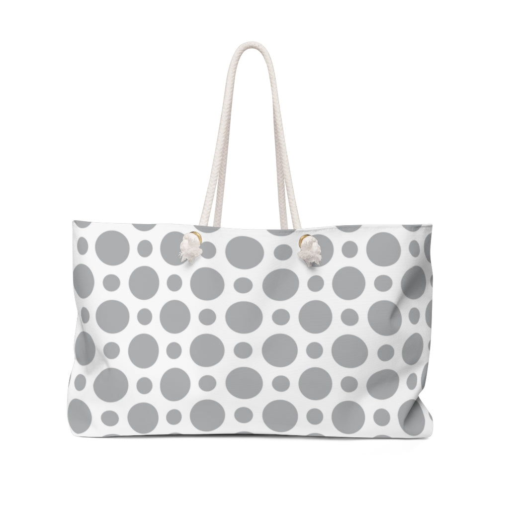 grey polkadot travel bag. weekender bag with grey and white 