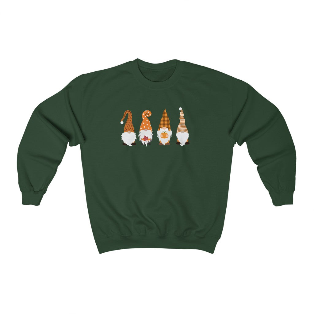 forrest green fall sweatshirt with orange fall and halloween gnomes
