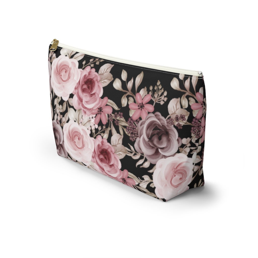 Black Floral Make Up Bag / Pink Flower Cosmetic Bag
