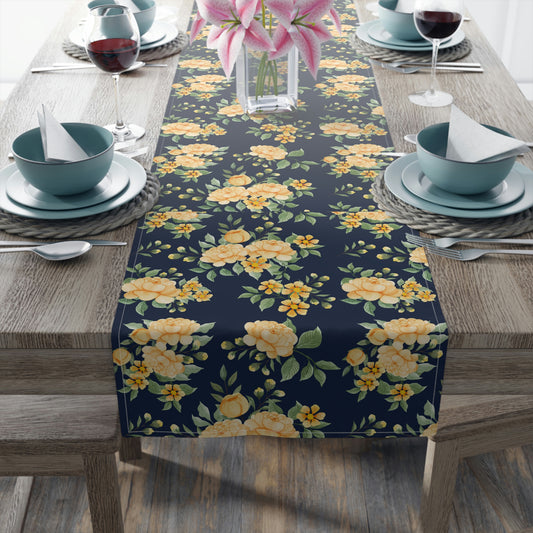 summer navy blue table runner with yellow flower print