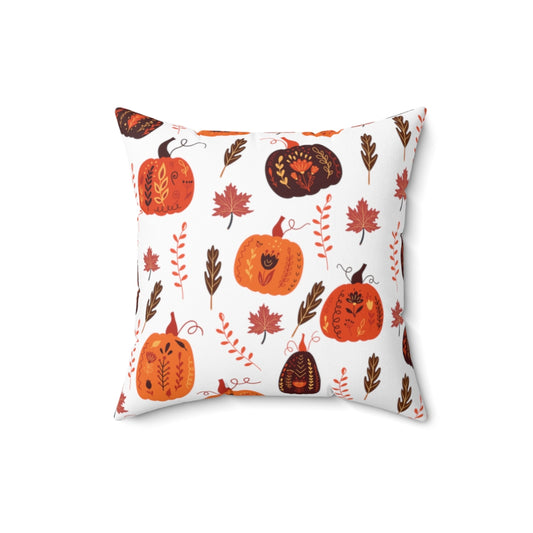 fall pumpkin pillow with orange pumpkin pattern and fall leaves
