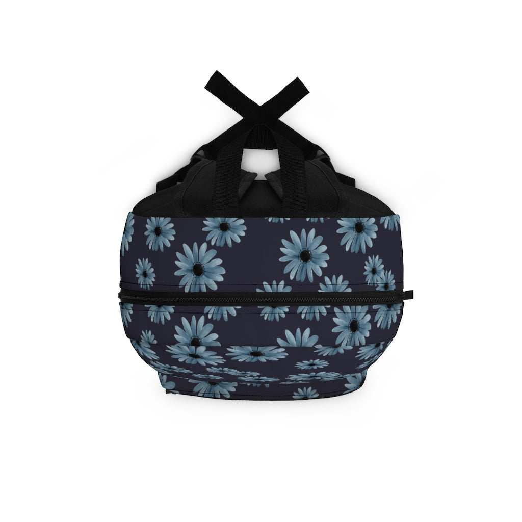 top view of daisy backpack in navy blue with flower pattern for back to school or travel