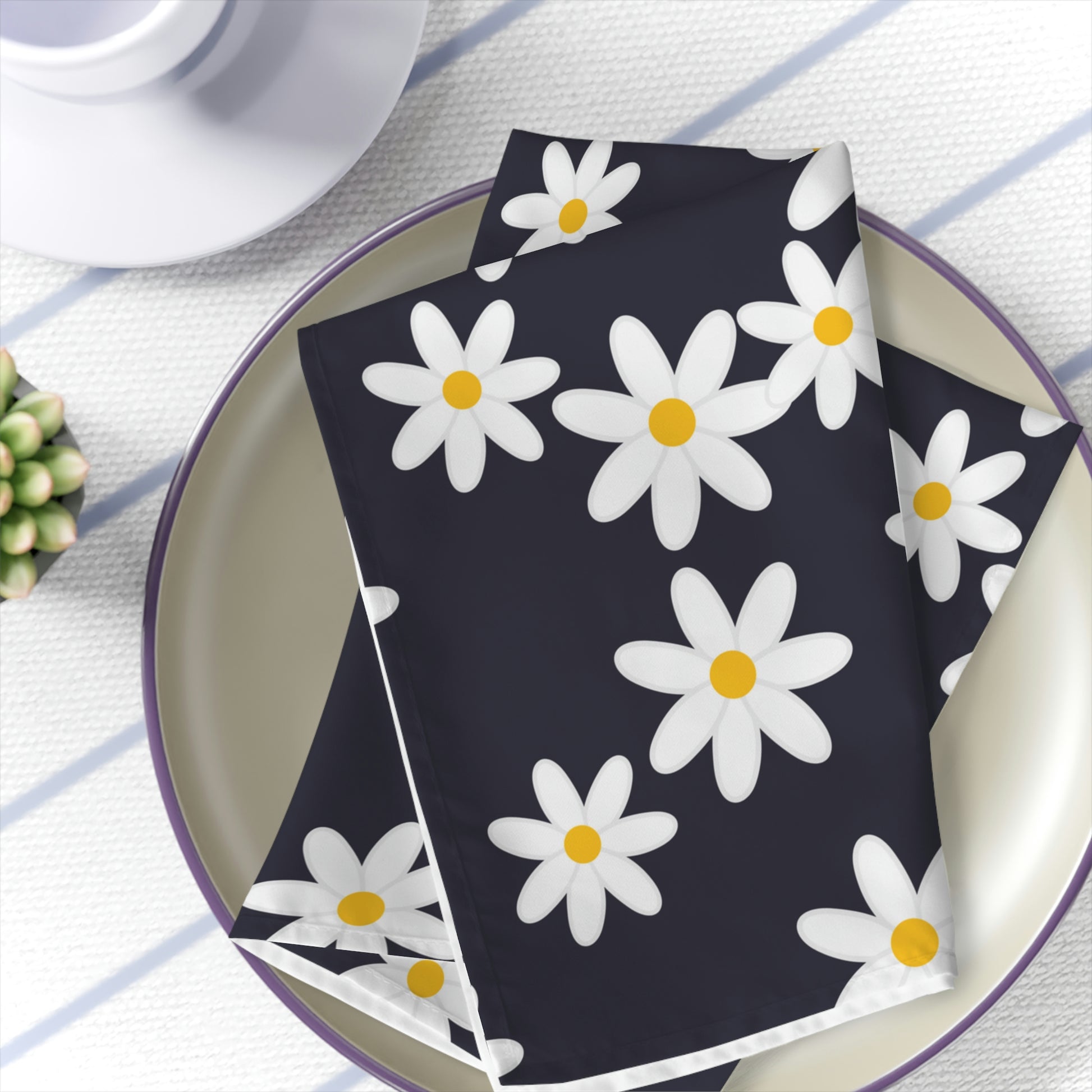 navy blue cloth napkins with white daisy print