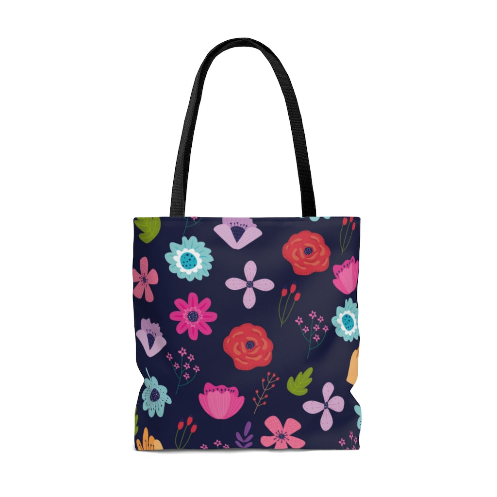summer floral tote bag with abstract flower pattern on navy blue background 