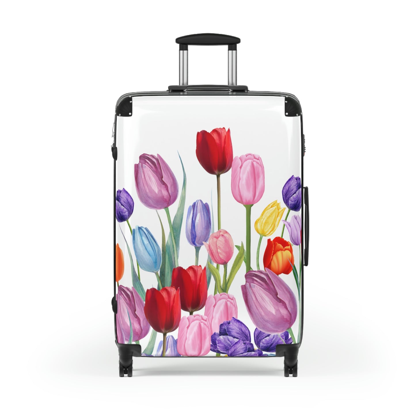 custom womens suitcase with pink, purple, red, yellow, orange and blue tulip print