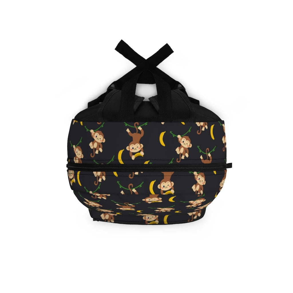 jungle animal bookbag with monkeys hanging from vines and bananas