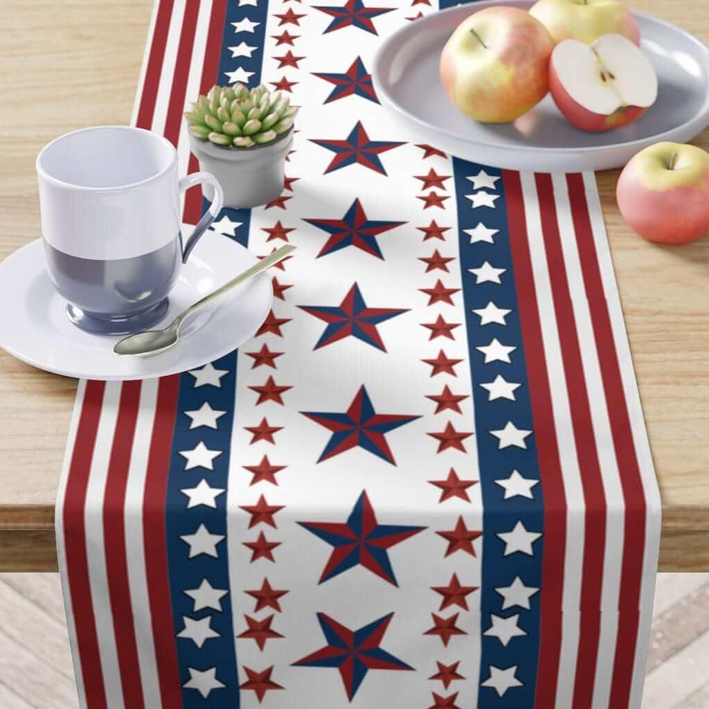 patriotic table runner with red, white and blue stars and stripes 