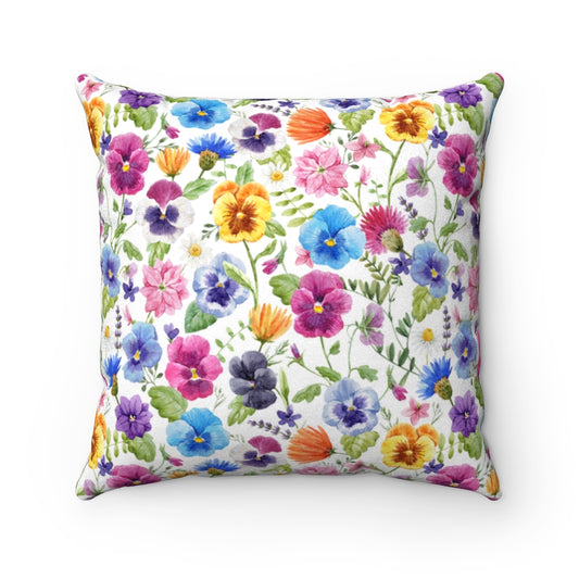pansy flower pillow in yellow, orange, blue and pink flowers