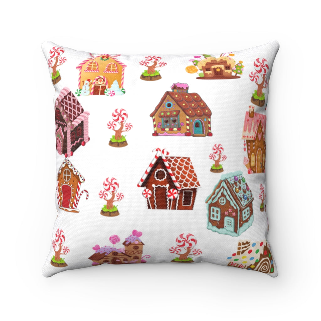 christmas gingerbread house pillow with a gingerbread house village.