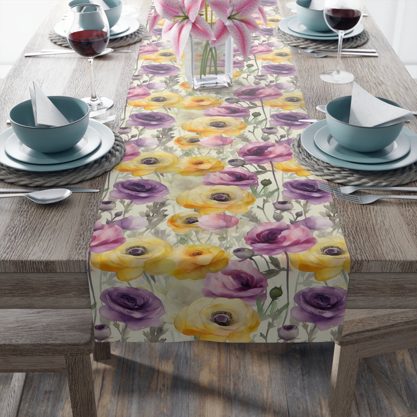 Purple Floral Table Runner, Yellow Summer Table Runner