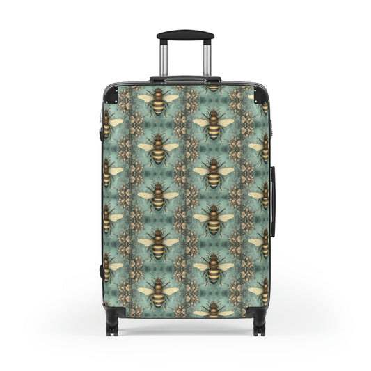 antique honey bee print teal green wheeled hard shell  suitcase for women