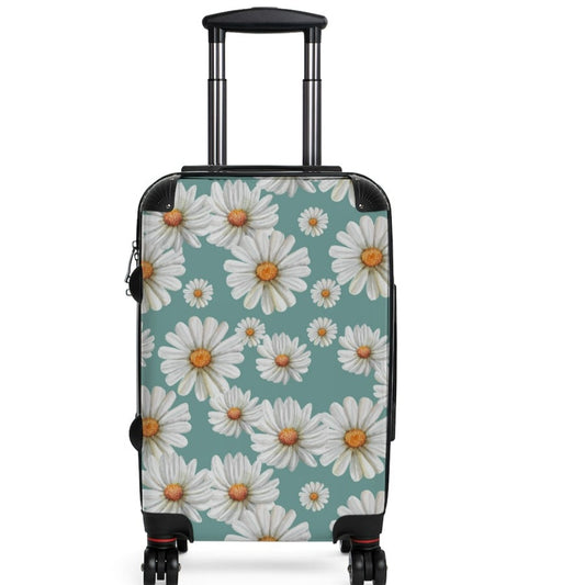 blue cabin suitcase with white daisy pattern
