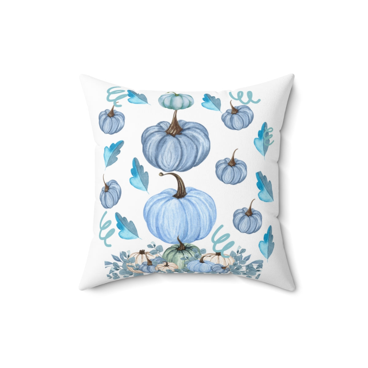 blue pumpkin pillow with blue pumpkins and leaves for fall, halloween or thanksgiving