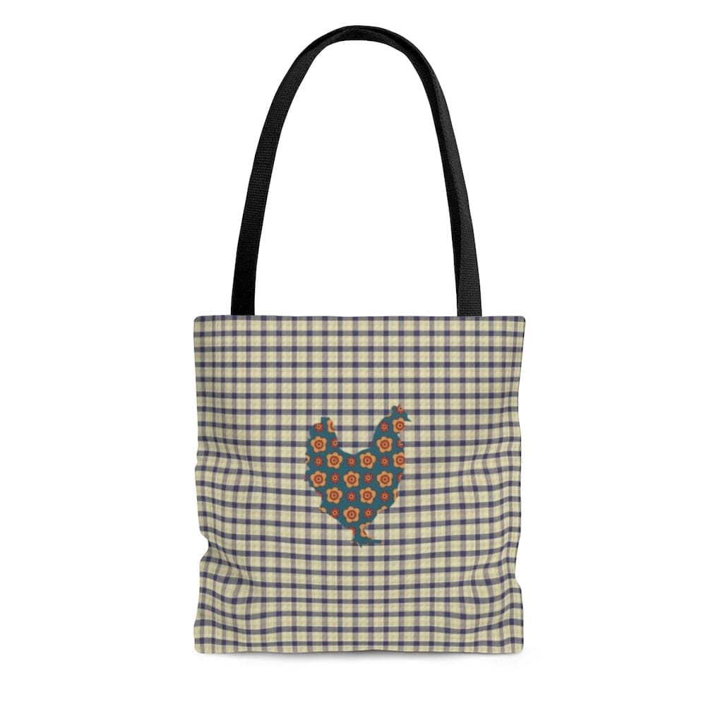 navy blue gingham plaid tote bag with rooster on front and back 