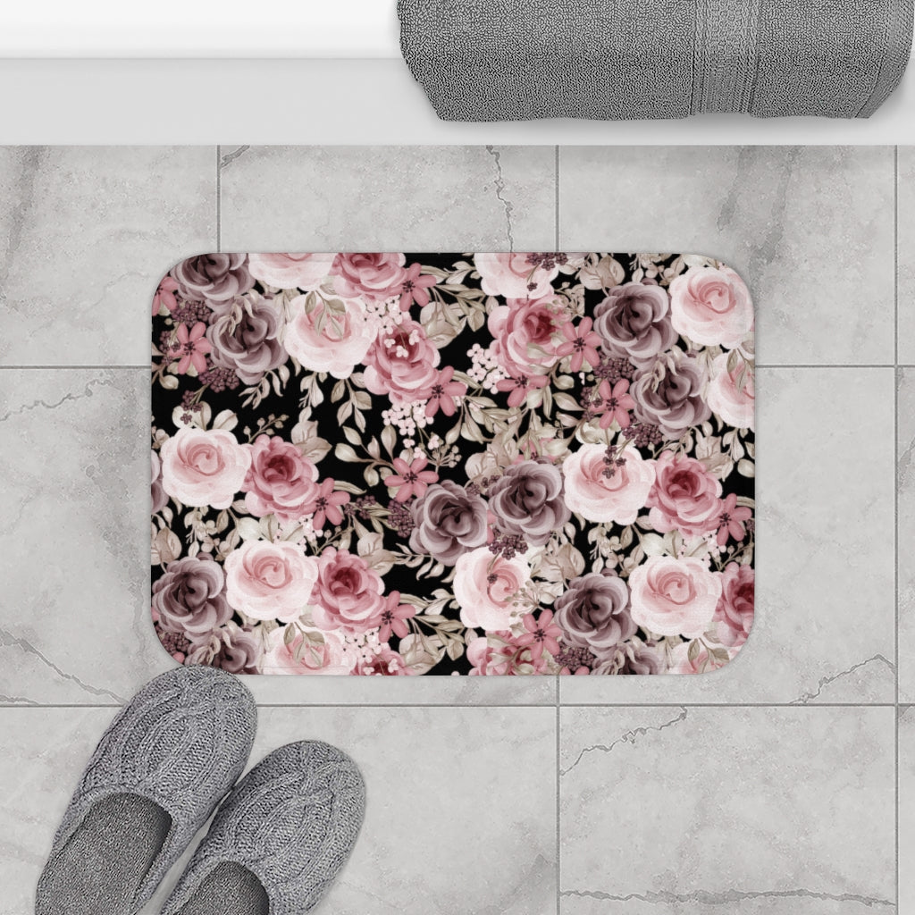floral bath mat with pink and purple roses