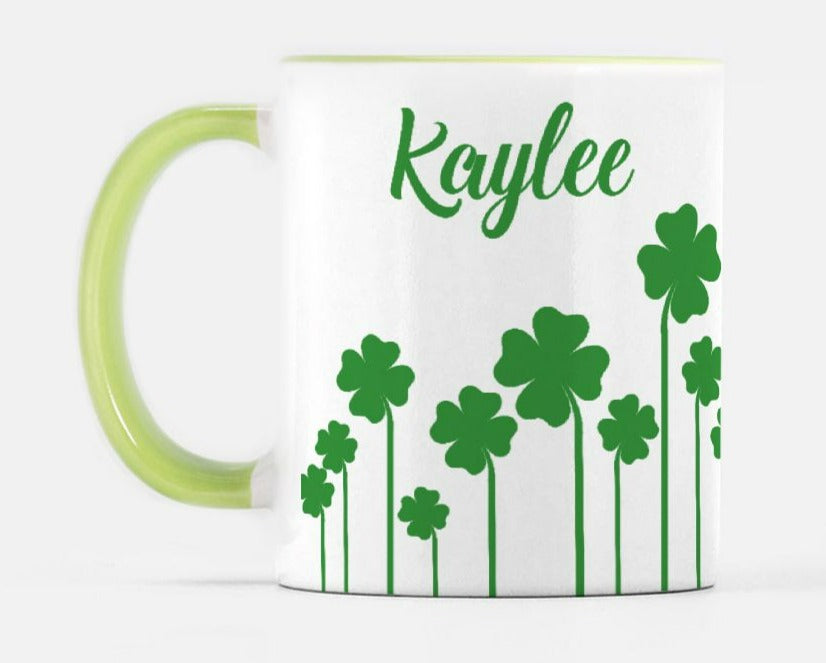 personalized st patricks day mug with green shamrocks and green handle