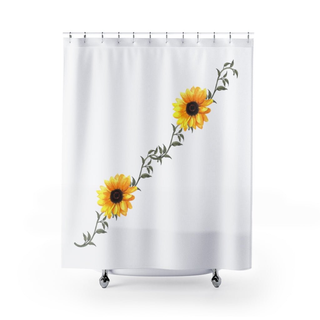 sunflower shower curtain with yellow sunflowers and green leaf vines