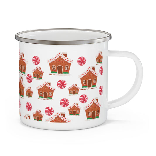 christmas mug with gingerbread house pattern