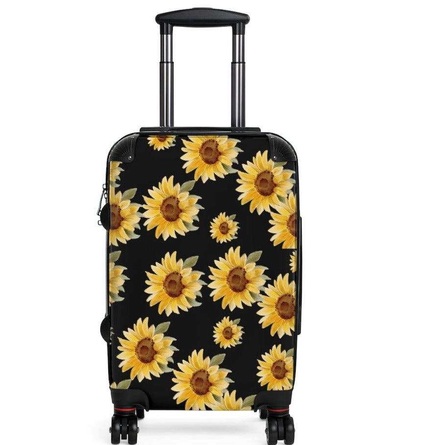 black cabin suitcase with watercolor sunflower pattern