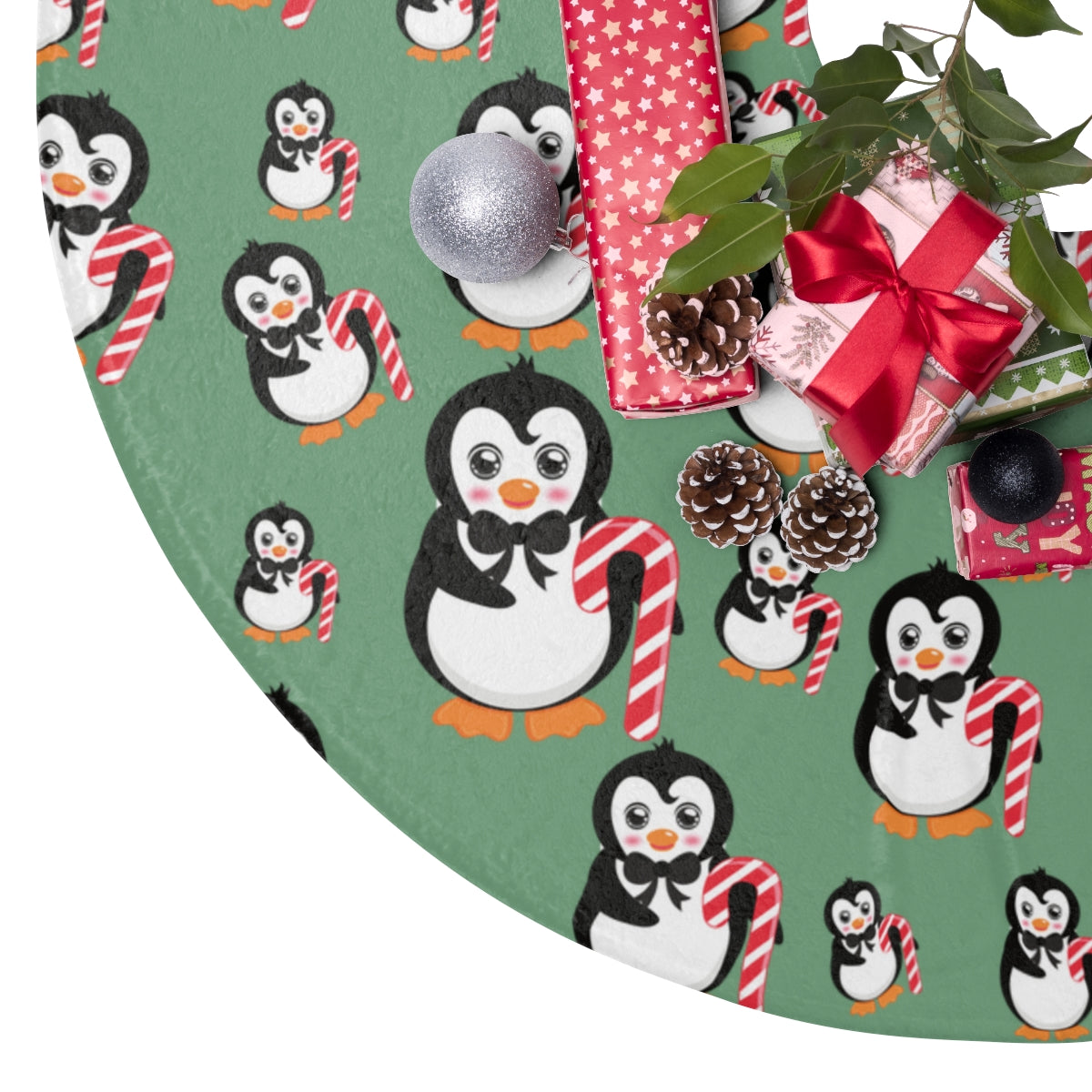 green christmas tree skirt with penguin and candy cane pattern