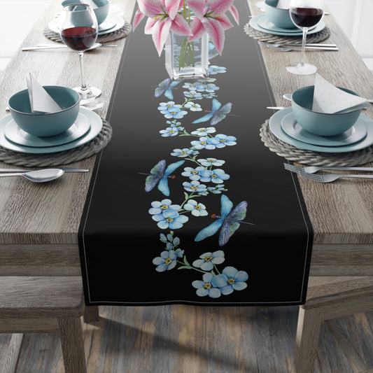 spring blue flower and dragonfly print table runner