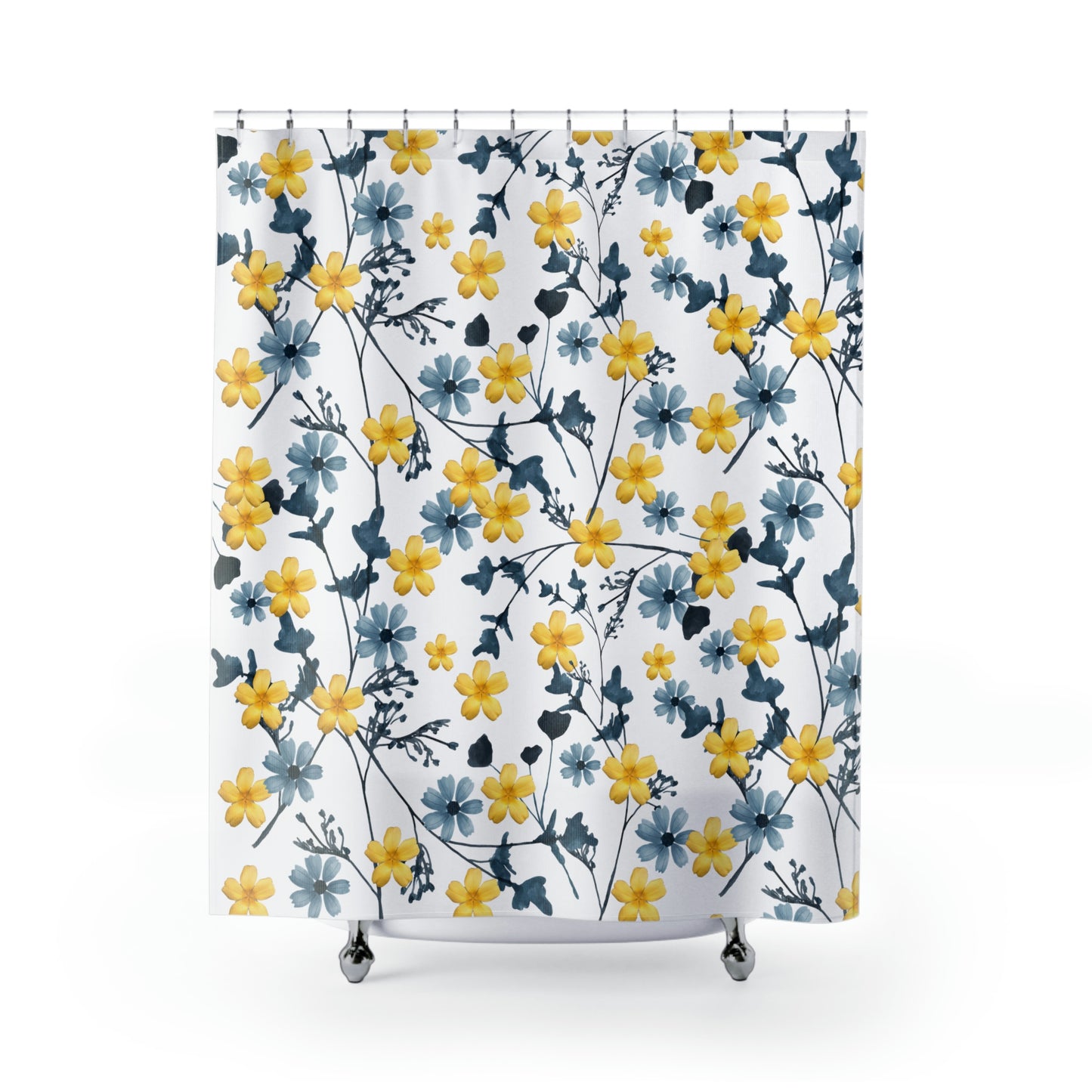 spring shower curtain with yellow and blue flower print