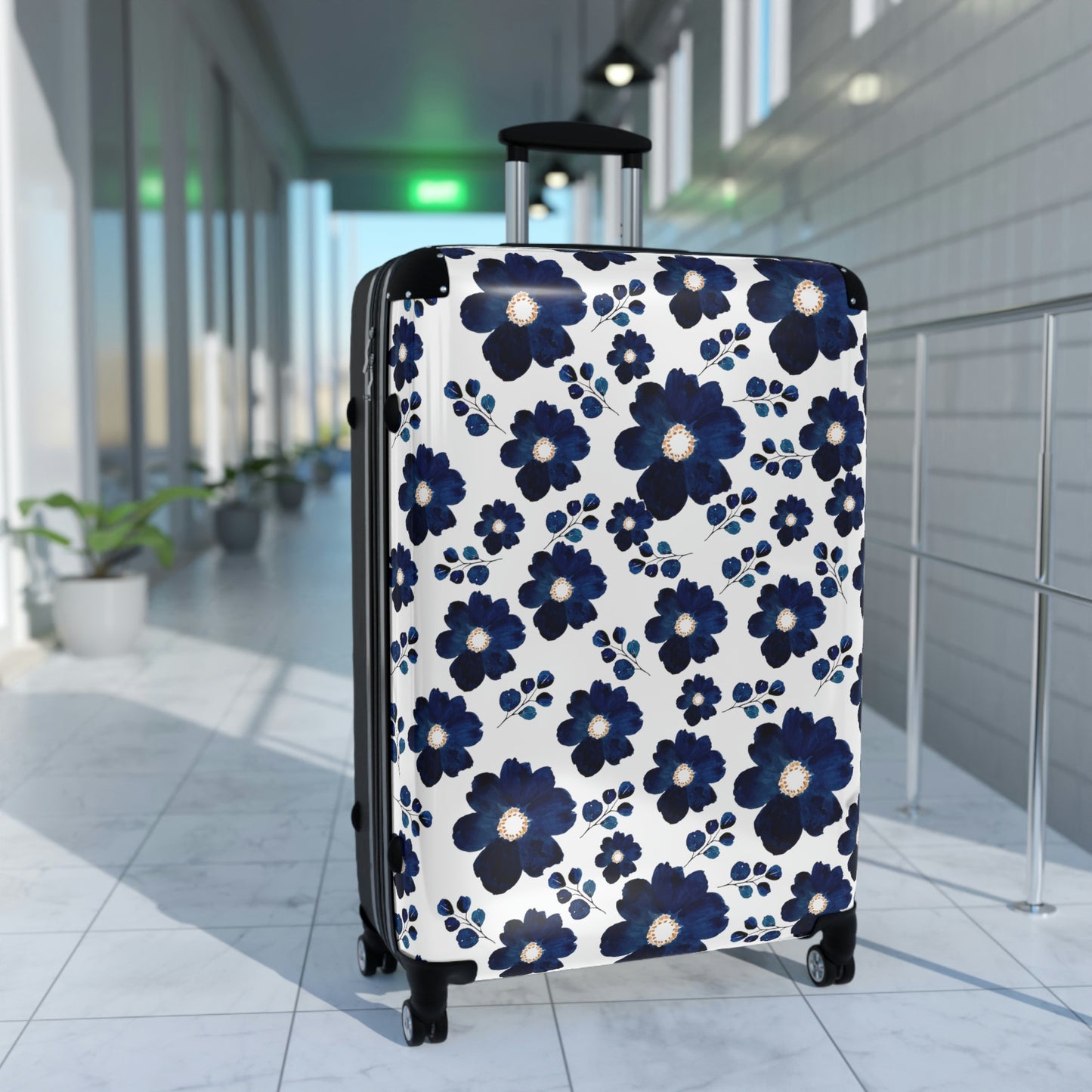 Women's Navy Blue Floral Suitcase / Personalized Luggage