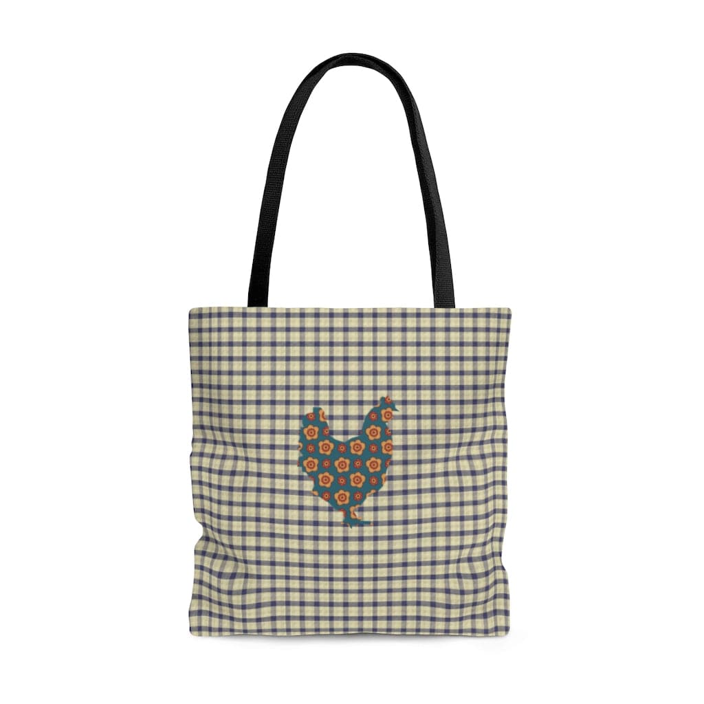 gingham plaid tote bag with a pattern rooster