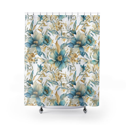 blue and gold flower shower curtain
