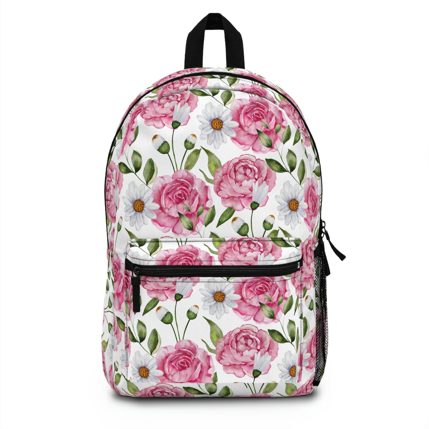 pink rose and white daisy print backpack