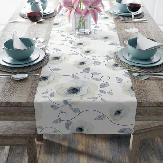 summer floral table runner with white and navy blue floral print