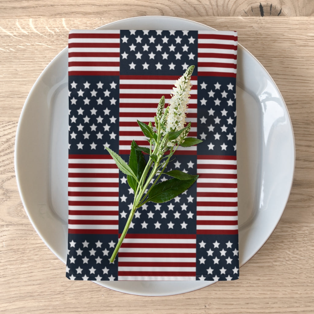 patriotic cloth dinner napkins in red, white and blue stars and stripes.