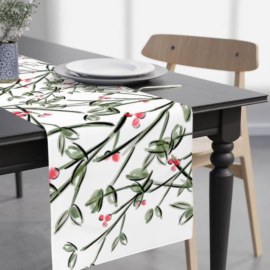 Christmas table runner with watercolor mistletoe pattern